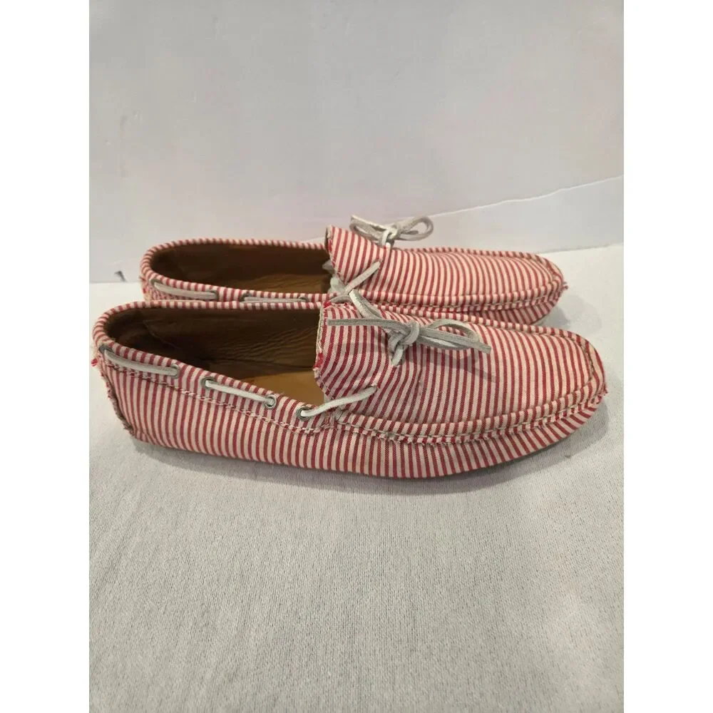 Bobbies Paris Men Striped Driving Loafers Canvas Boat Shoes Red White Tie Moc 10